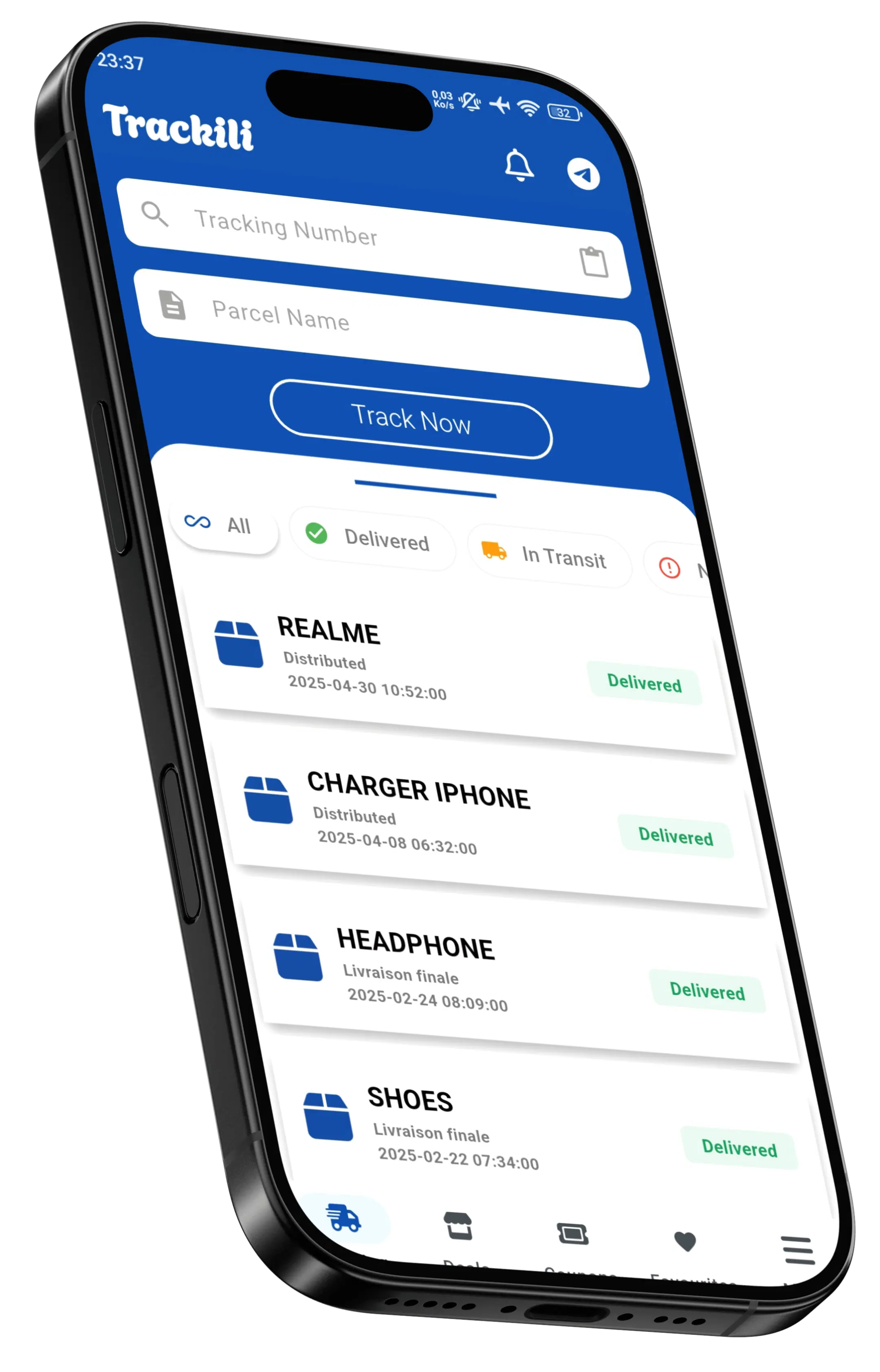 عرض لتطبيق Trackili يوضح تتبع الطرود والعروض