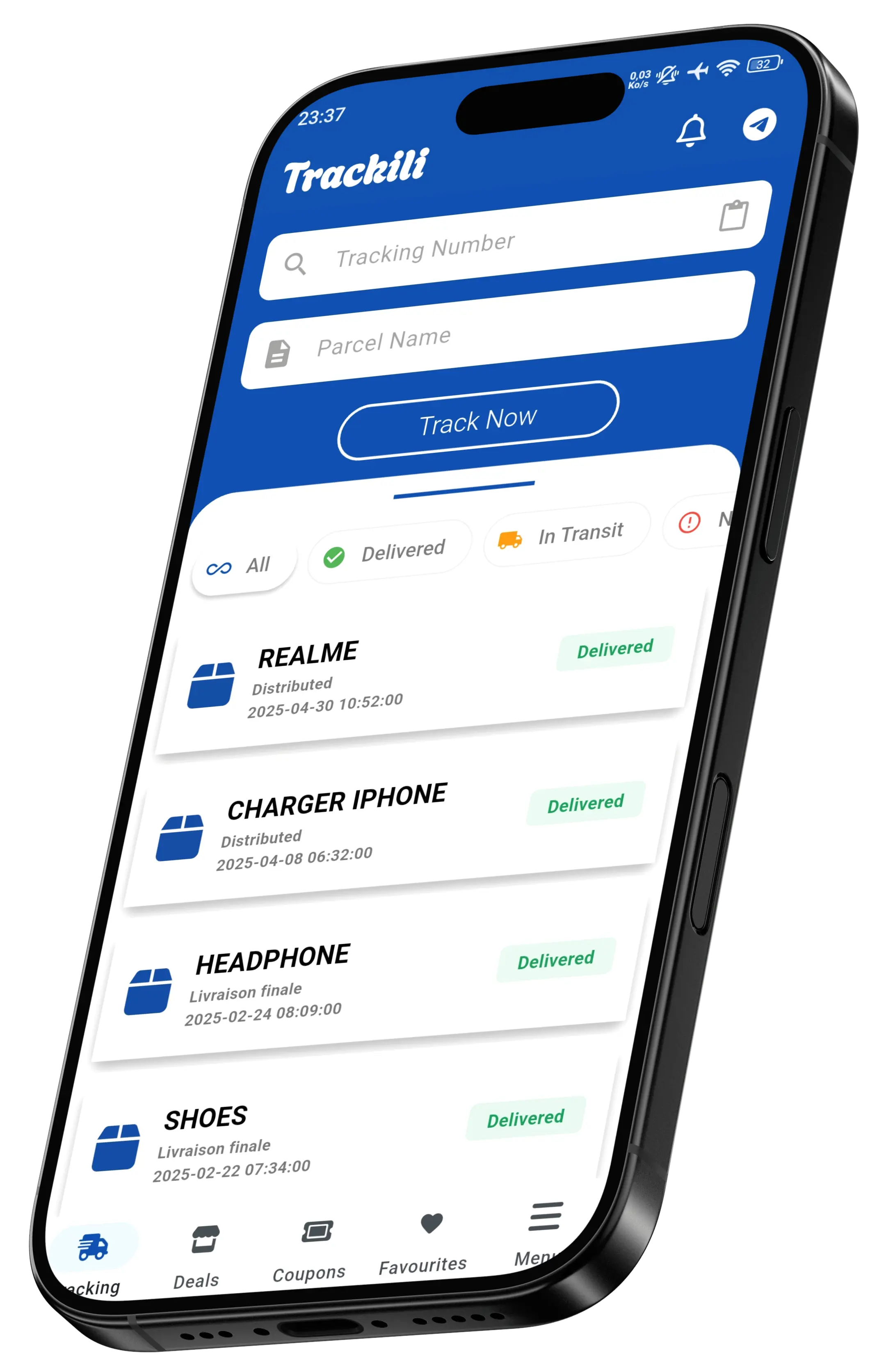 Trackili app hero preview showing parcel tracking and deals