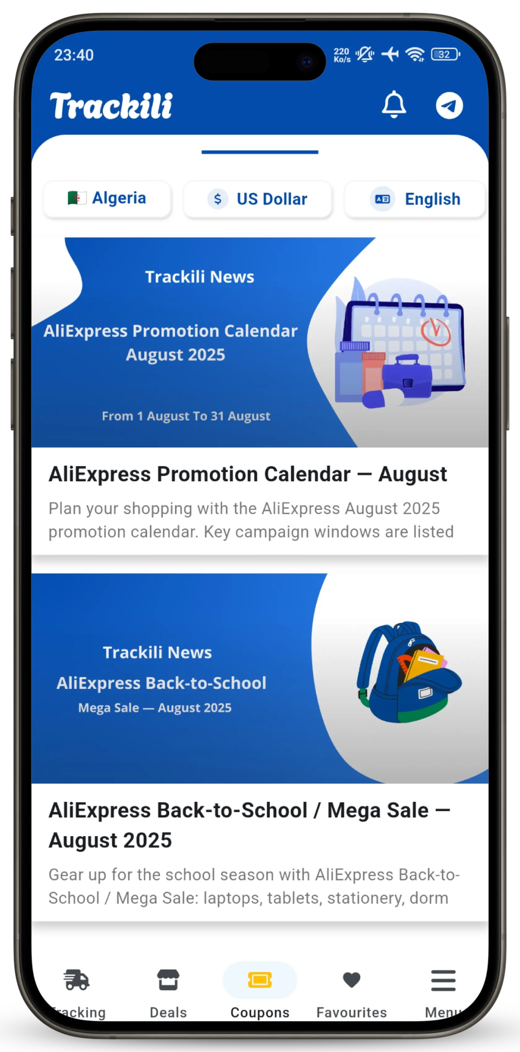 Coupon codes and promotion calendar screen